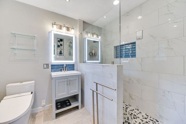 Bathroom, Glass Shower, Interior, Marble Walls, Recessed Lighting