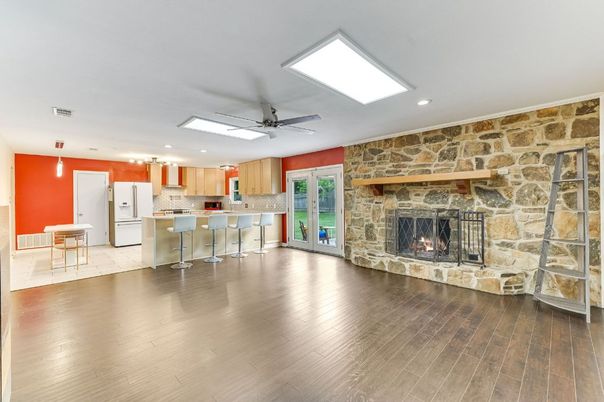 Dining room, Fireplace, Interior, Kitchen, Pendant Lights, Recessed Lighting, Stone Walls, Wood Texture Flooring