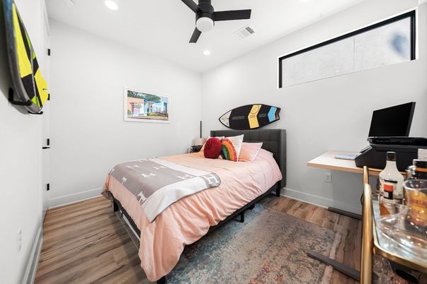 Bedroom, Interior, Recessed Lighting, Wood Texture Flooring