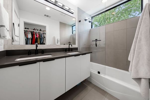Bathroom, Dual Sink Vanities, Glass Shower, Interior, Recessed Lighting, Walk-in Closets