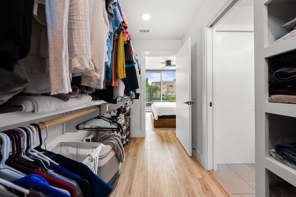 Bedroom, Interior, Recessed Lighting, Walk-in Closets, Wood Texture Flooring