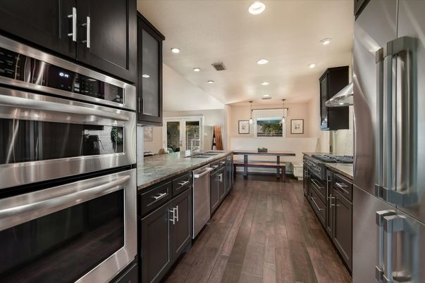 Interior, Kitchen, Pendant Lights, Recessed Lighting, Stainless Steel Appliances, Wood Texture Flooring