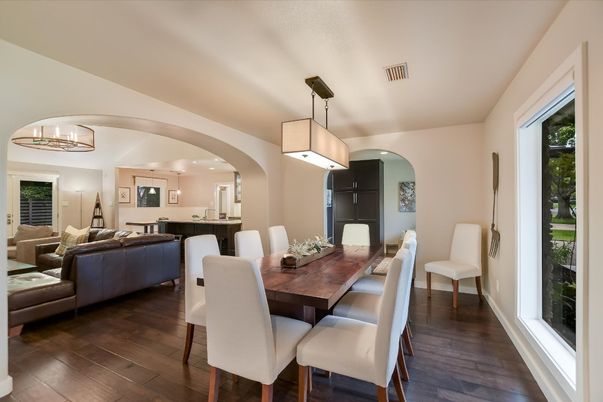 Dining room, Interior, Kitchen, Living room, Pendant Lights, Recessed Lighting, Wood Texture Flooring