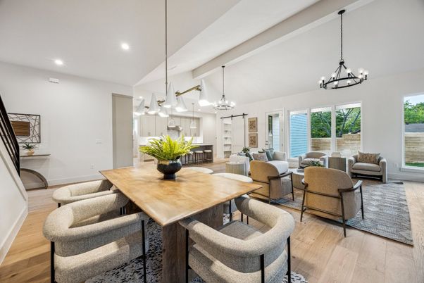 Chandelier, Dining room, Interior, Living room, Pendant Lights, Recessed Lighting, Wood Texture Flooring