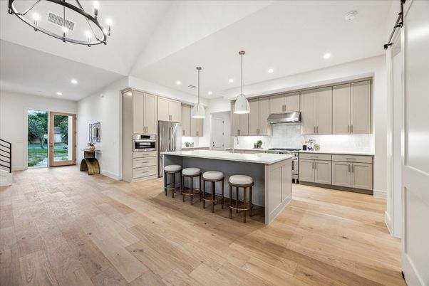 Interior, Kitchen, Pendant Lights, Recessed Lighting, Stainless Steel Appliances, Wood Texture Flooring