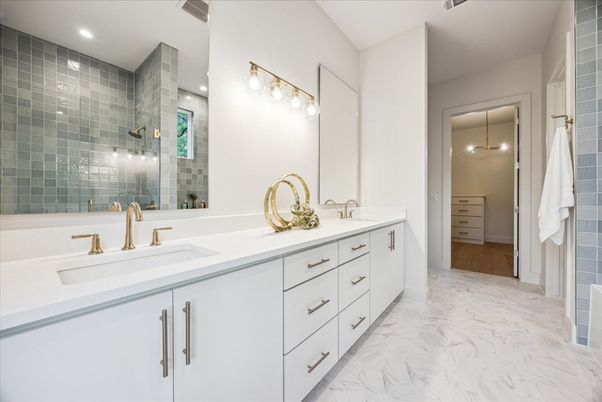 Bathroom, Dual Sink Vanities, Glass Shower, Interior, Marble, Recessed Lighting