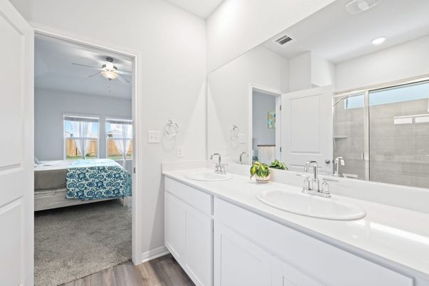 Bathroom, Bedroom, Dual Sink Vanities, Glass Shower, Interior, Recessed Lighting, Wood Texture Flooring