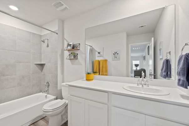 Bathroom, Dual Sink Vanities, Interior, Recessed Lighting, Wood Texture Flooring