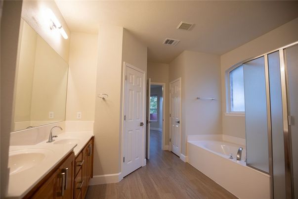 Bathroom, Dual Sink Vanities, Interior, Wood Texture Flooring