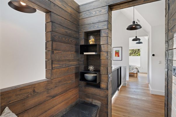 Bathroom, Fireplace, Interior, Pendant Lights, Wood Texture Flooring, Wooden Walls