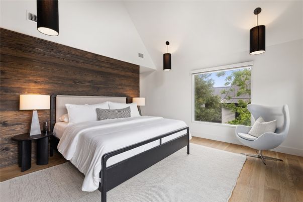 Bedroom, Interior, Pendant Lights, Wood Texture Flooring, Wooden Walls