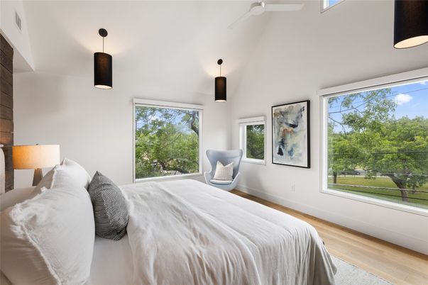 Bedroom, Interior, Pendant Lights, Wood Texture Flooring