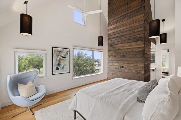 Bedroom, Interior, Pendant Lights, Wood Texture Flooring, Wooden Walls