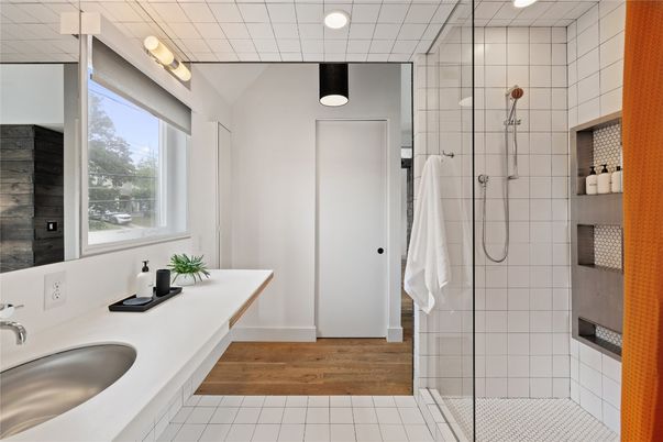 Bathroom, Glass Shower, Interior, Wood Texture Flooring