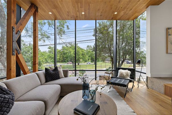 Interior, Living room, Recessed Lighting, Sun Room, Wooden Ceilings, Wood Texture Flooring