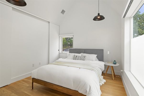 Bedroom, Interior, Pendant Lights, Wood Texture Flooring