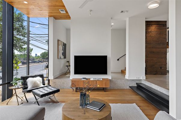 Interior, Living room, Recessed Lighting, Wood Texture Flooring, Wooden Walls