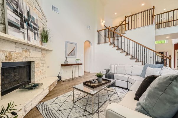 Fireplace, Interior, Living room, Recessed Lighting, Wood Texture Flooring