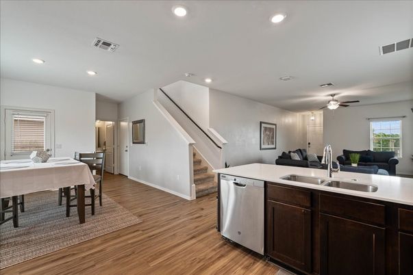 Dining room, Interior, Kitchen, Living room, Recessed Lighting, Wood Texture Flooring