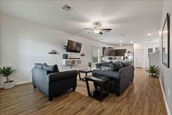 Interior, Kitchen, Living room, Recessed Lighting, Wood Texture Flooring