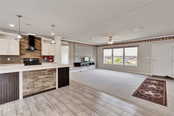 Interior, Kitchen, Pendant Lights, Recessed Lighting, Stone Walls, Wood Texture Flooring