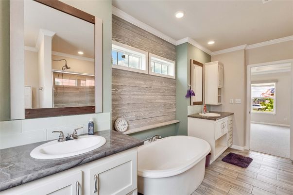 Bathroom, Dual Sink Vanities, Free Standing Baths, Interior, Recessed Lighting, Wood Texture Flooring