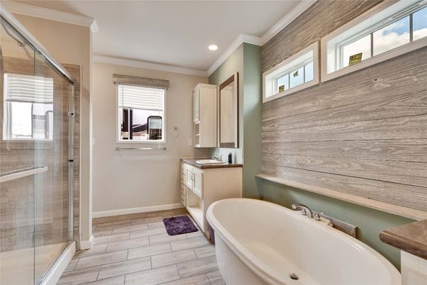 Bathroom, Free Standing Baths, Glass Shower, Interior, Recessed Lighting