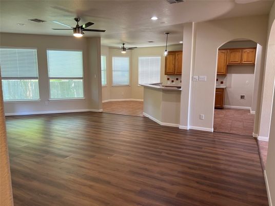 Empty room, Interior, Kitchen, Pendant Lights, Recessed Lighting, Wood Texture Flooring