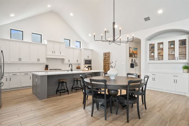 Chandelier, Dining room, Interior, Kitchen, Pendant Lights, Recessed Lighting, Wood Texture Flooring