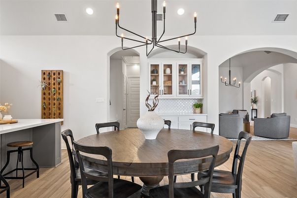 Chandelier, Dining room, Interior, Pendant Lights, Recessed Lighting, Wood Texture Flooring