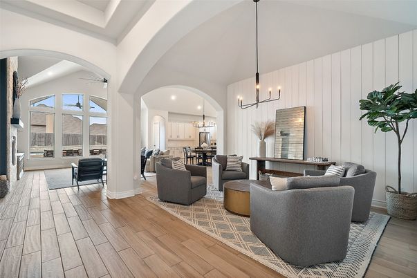 Dining room, Interior, Living room, Pendant Lights, Recessed Lighting, Wood Texture Flooring