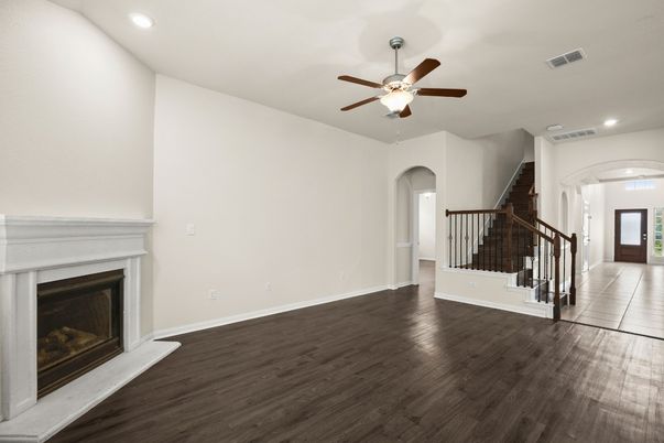 Empty room, Fireplace, Interior, Recessed Lighting, Wood Texture Flooring