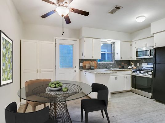 Dining room, Interior, Kitchen, Stainless Steel Appliances, Wood Texture Flooring