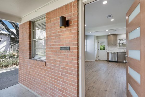 Interior, Kitchen, Recessed Lighting, Stainless Steel Appliances, Stone Walls, Wood Texture Flooring