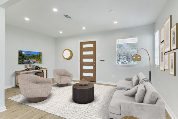 Interior, Living room, Recessed Lighting, Wood Texture Flooring