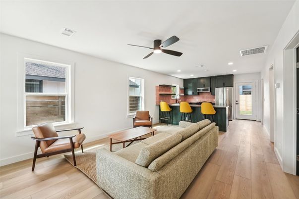 Interior, Kitchen, Living room, Recessed Lighting, Stainless Steel Appliances, Wood Texture Flooring