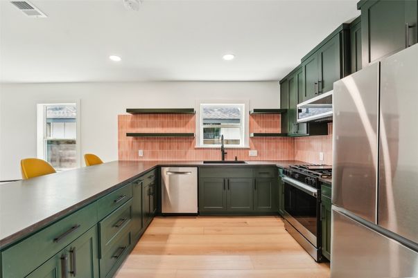 Interior, Kitchen, Recessed Lighting, Stainless Steel Appliances, Wood Texture Flooring