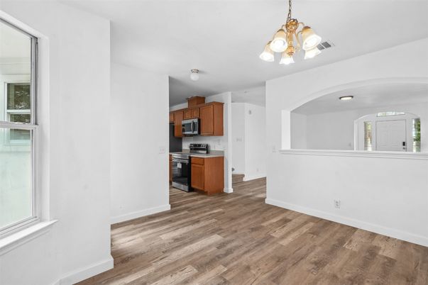 Chandelier, Empty room, Interior, Kitchen, Stainless Steel Appliances, Wood Texture Flooring