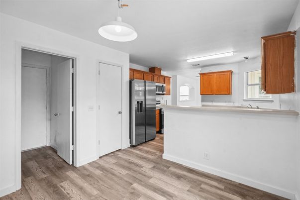 Interior, Kitchen, Pendant Lights, Stainless Steel Appliances, Wood Texture Flooring