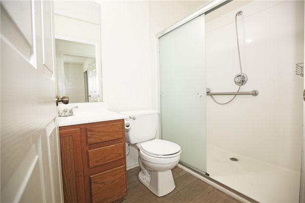 Bathroom, Glass Shower, Interior, Wood Texture Flooring