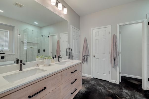 Bathroom, Dual Sink Vanities, Glass Shower, Interior, Recessed Lighting