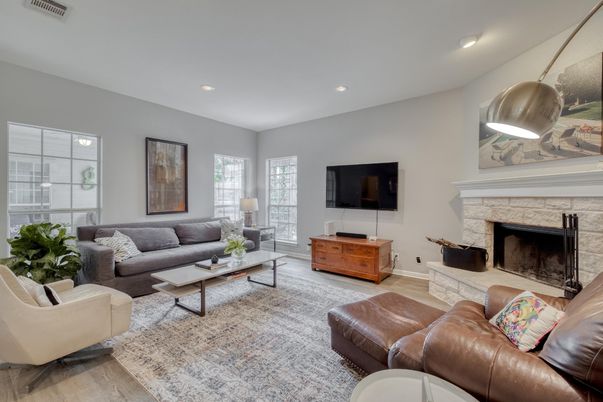 Fireplace, Interior, Living room, Recessed Lighting, Wood Texture Flooring