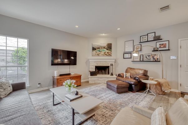 Fireplace, Interior, Living room, Recessed Lighting, Wood Texture Flooring