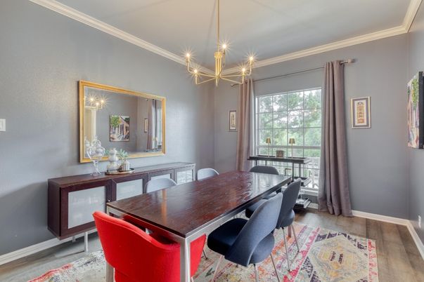 Dining room, Interior, Pendant Lights, Wood Texture Flooring