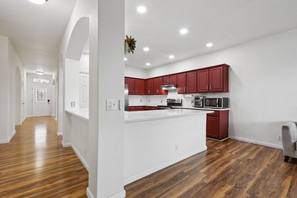 Interior, Kitchen, Recessed Lighting, Stainless Steel Appliances, Wood Texture Flooring