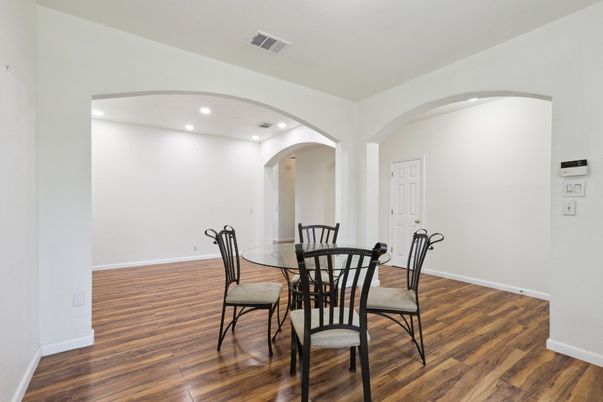 Dining room, Interior, Recessed Lighting, Wood Texture Flooring