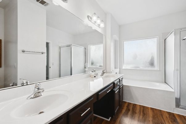 Bathroom, Dual Sink Vanities, Interior, Wood Texture Flooring