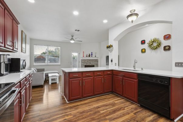 Interior, Kitchen, Living room, Recessed Lighting, Wood Texture Flooring