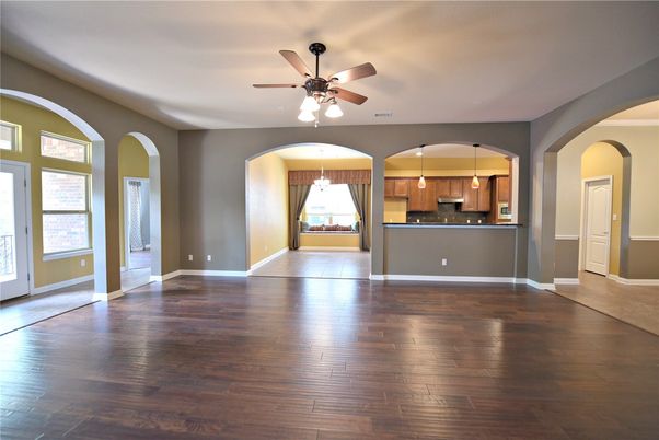 Empty room, Interior, Kitchen, Pendant Lights, Wood Texture Flooring