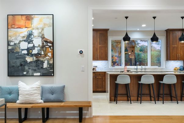 Interior, Kitchen, Pendant Lights, Recessed Lighting, Wood Texture Flooring
